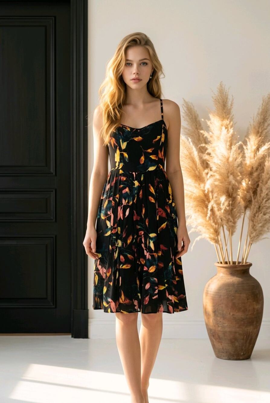 Torrid sleeveless  dress  black multi-colored leaf print and adjustable straps.